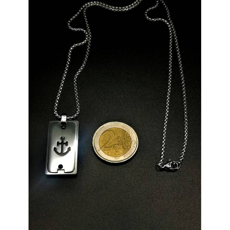 Collier et médaillon couleur argent ancre de bateau noire en acier inoxydable