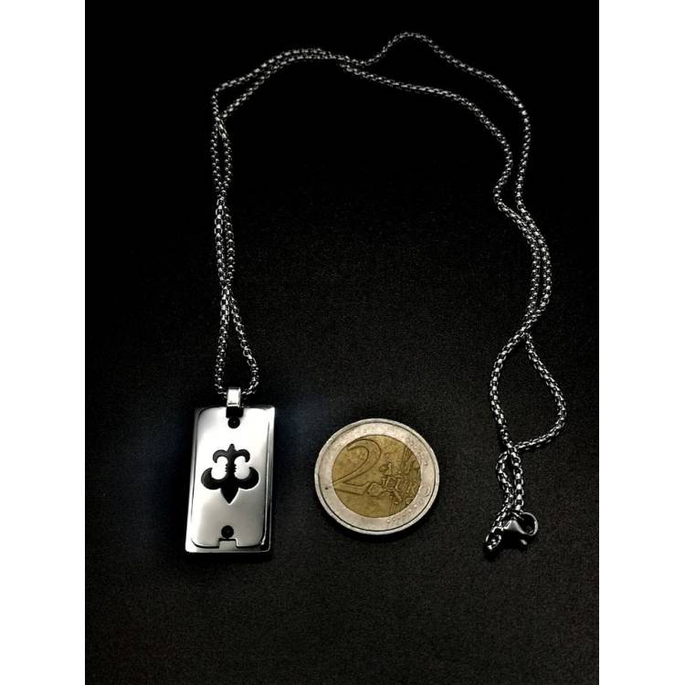 Collier et médaillon couleur argent fleur de lys noire en acier inoxydable