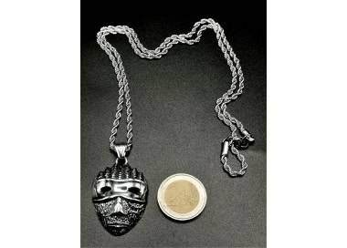 Collier et pendentif masque tribal couleur argent en acier inoxydable