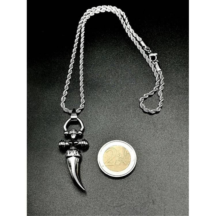 Collier et pendentif dague couleur argent en acier inoxydable