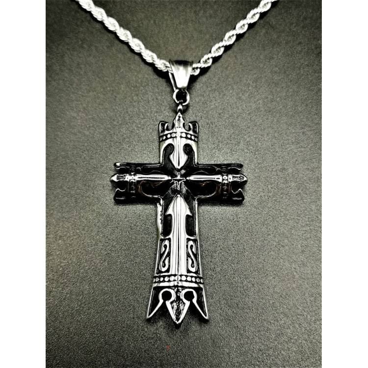 Pendentif et collier croix tribal couleur argent noir en acier inoxydable
