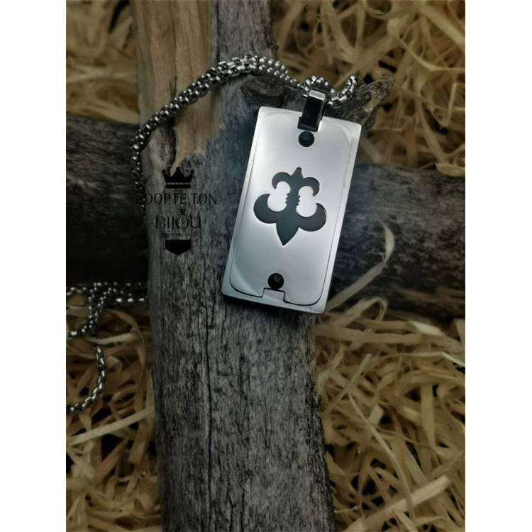 Collier et médaillon couleur argent fleur de lys noire en acier inoxydable