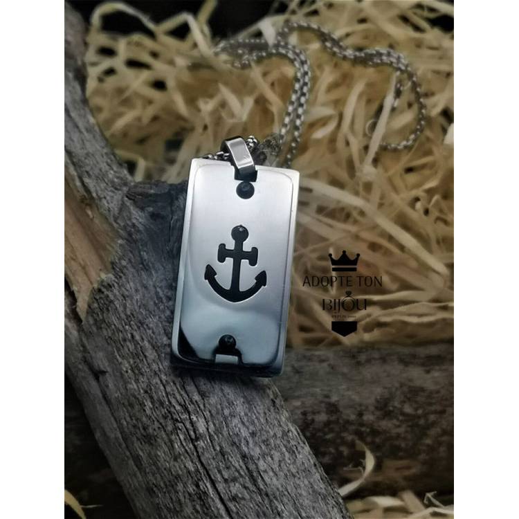 Collier et médaillon couleur argent ancre de bateau noire en acier inoxydable