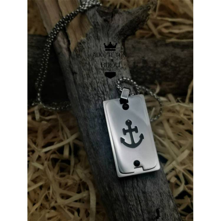 Collier et médaillon couleur argent ancre de bateau noire en acier inoxydable