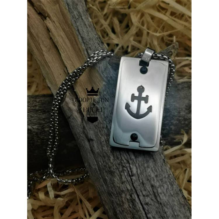 Collier et médaillon couleur argent ancre de bateau noire en acier inoxydable
