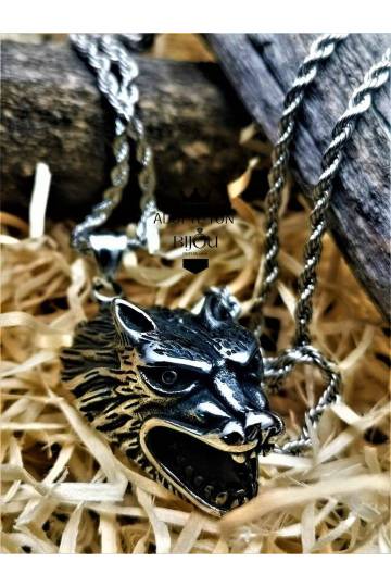 Collier et pendentif tête de loup viking Varg en acier inoxydable