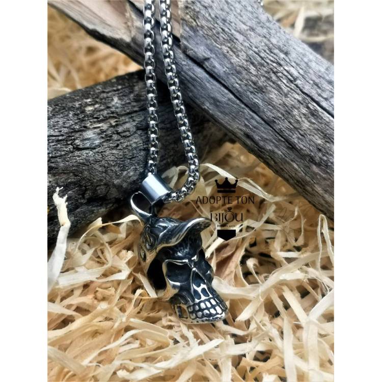 Collier Tetos tête de mort casquette couleur argent en acier inoxydable 316L
