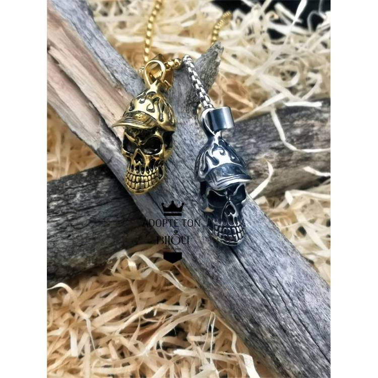 Collier Tetos tête de mort casquette couleur argent en acier inoxydable 316L