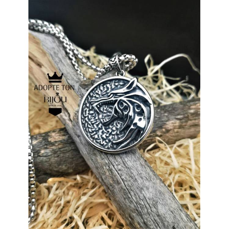 Collier et pendentif tête de loup Alpha viking en acier inoxydable