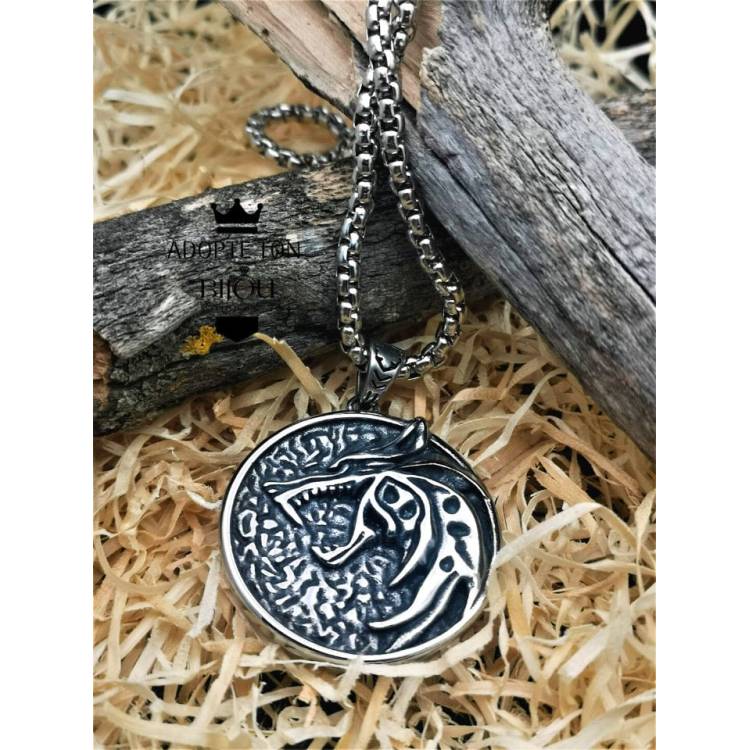 Collier et pendentif tête de loup Alpha viking en acier inoxydable