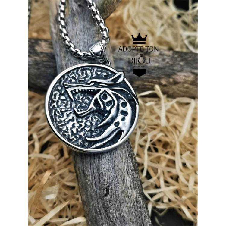 Collier et pendentif tête de loup Alpha viking en acier inoxydable