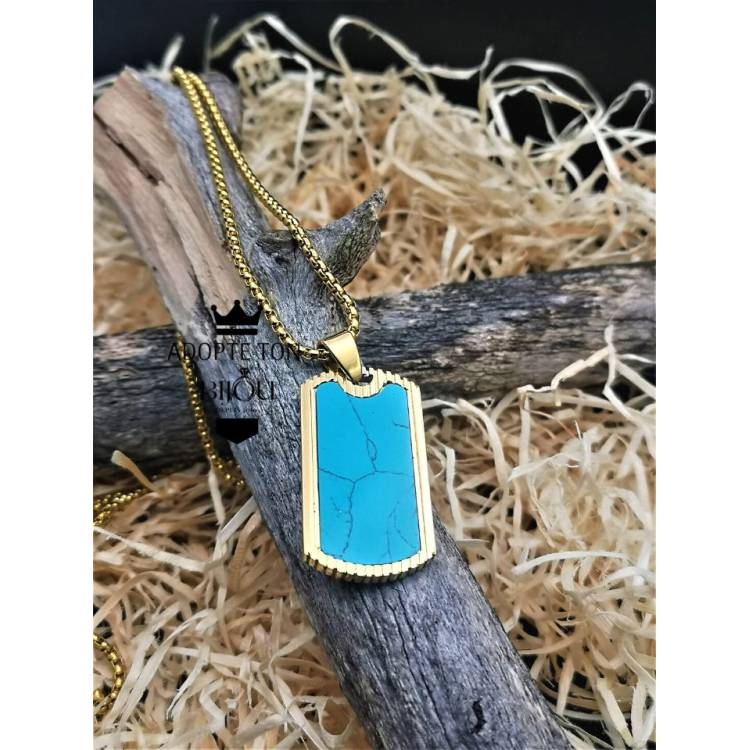 Collier et pendentif en marbre couleur bleu été en acier inoxydable 316L
