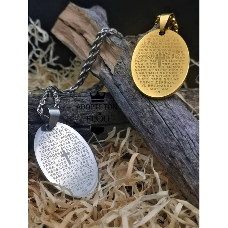 Collier et médaillon prière Notre père couleur or en acier inoxydable