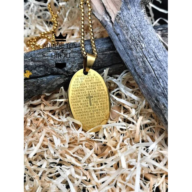 Collier et médaillon prière Notre père couleur or en acier inoxydable
