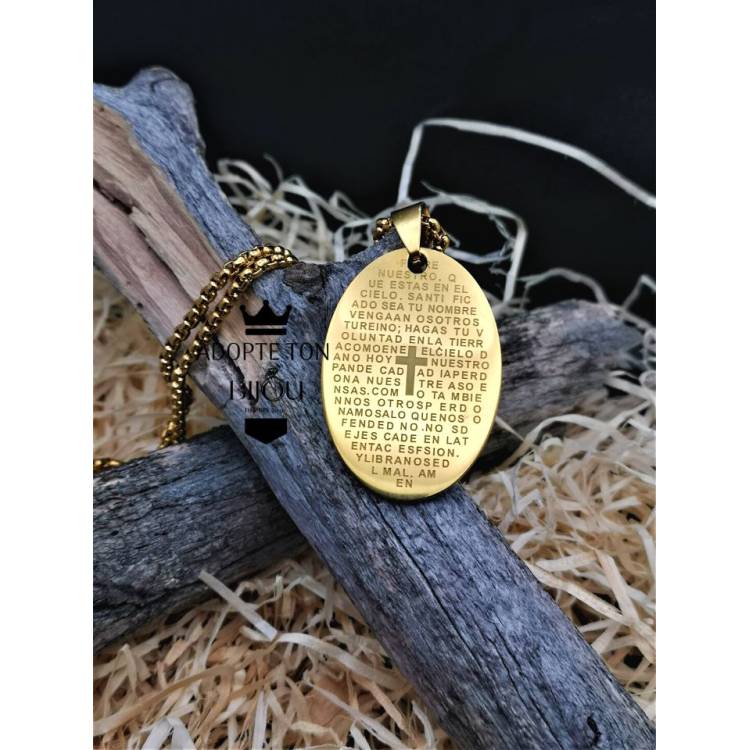 Collier et médaillon prière Notre père couleur or en acier inoxydable