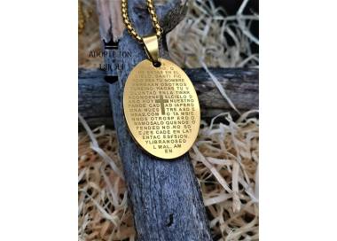 Collier et médaillon prière Notre père couleur or en acier inoxydable