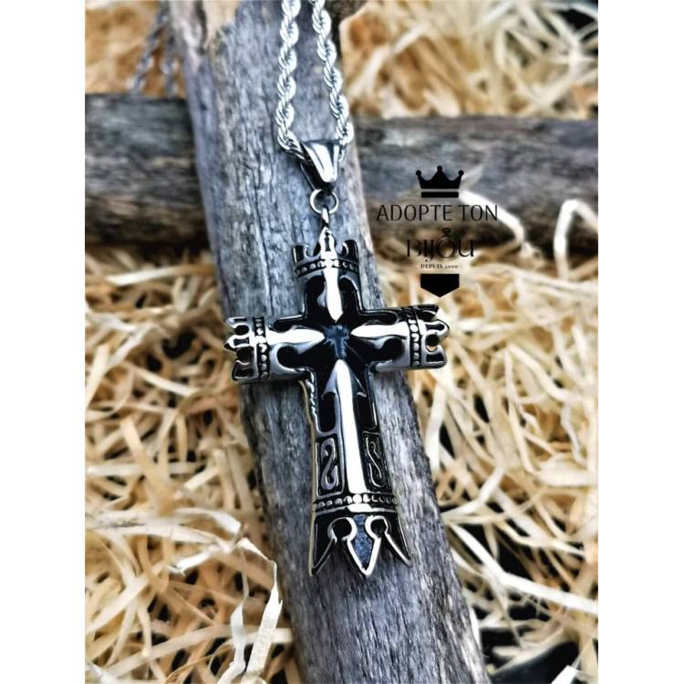 Pendentif et collier croix tribal couleur argent noir en acier inoxydable