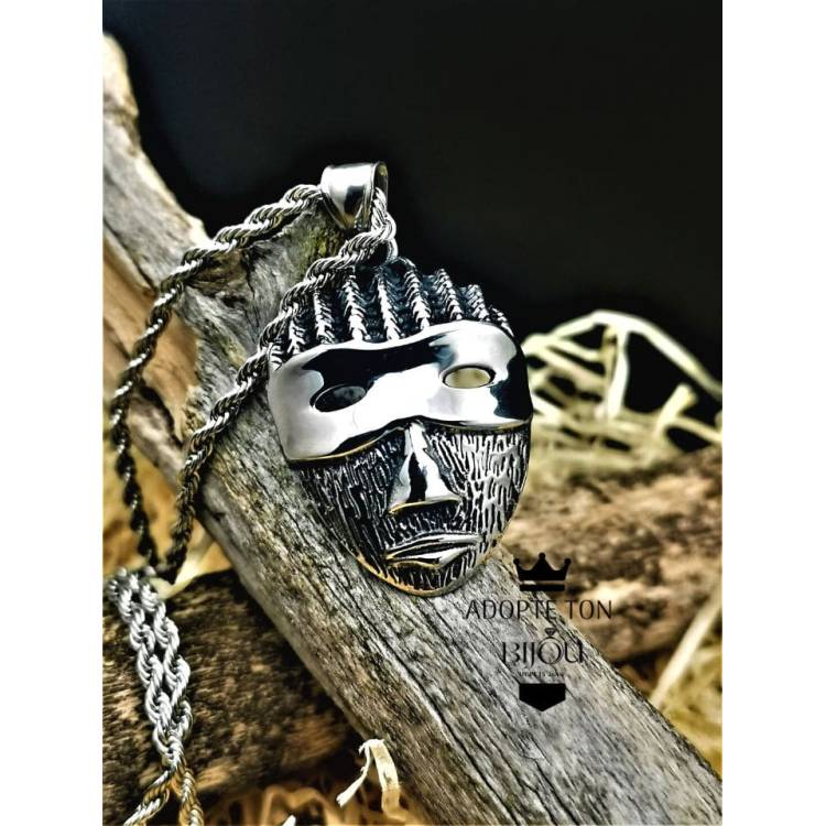 Collier et pendentif masque tribal couleur argent en acier inoxydable