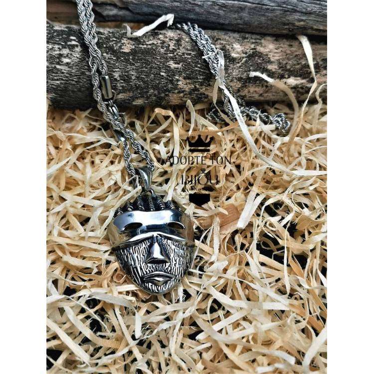 Collier et pendentif masque tribal couleur argent en acier inoxydable