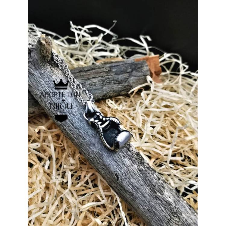 Collier et pendentif Gant de Boxe Rocky couleur argent en acier inoxydable