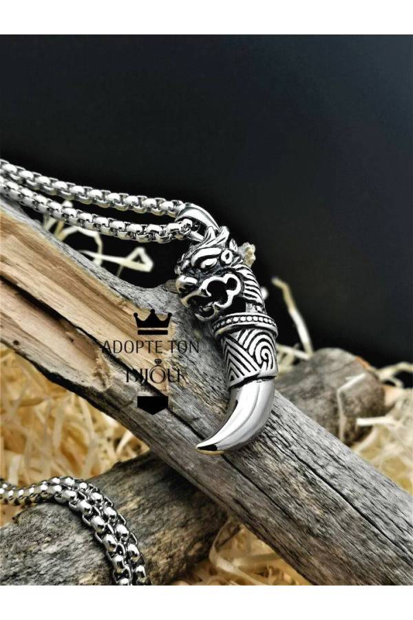Collier Massif Loup Pendentif Collier Homme Tête De Loup BOBIJOO - Acier Inoxydable 316L, Massif, Chaîne 55 Cm, 65 G Pendentif Tête Loup Acier Inoxydable 316L