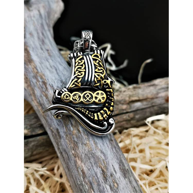 Collier viking bateau Drakkar en acier inoxydable