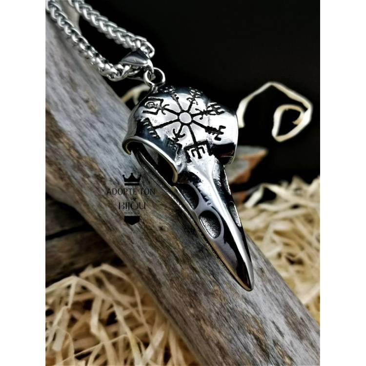 Collier et pendentif viking tête de corbeau en acier inoxydable