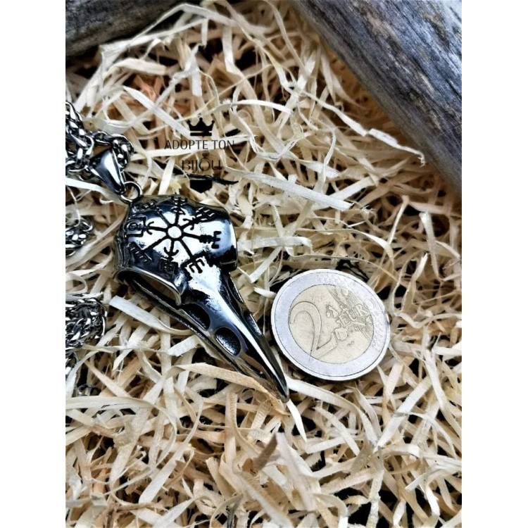 Collier et pendentif viking tête de corbeau en acier inoxydable