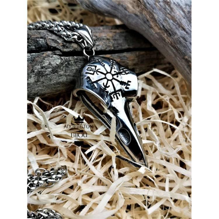 Collier et pendentif viking tête de corbeau en acier inoxydable