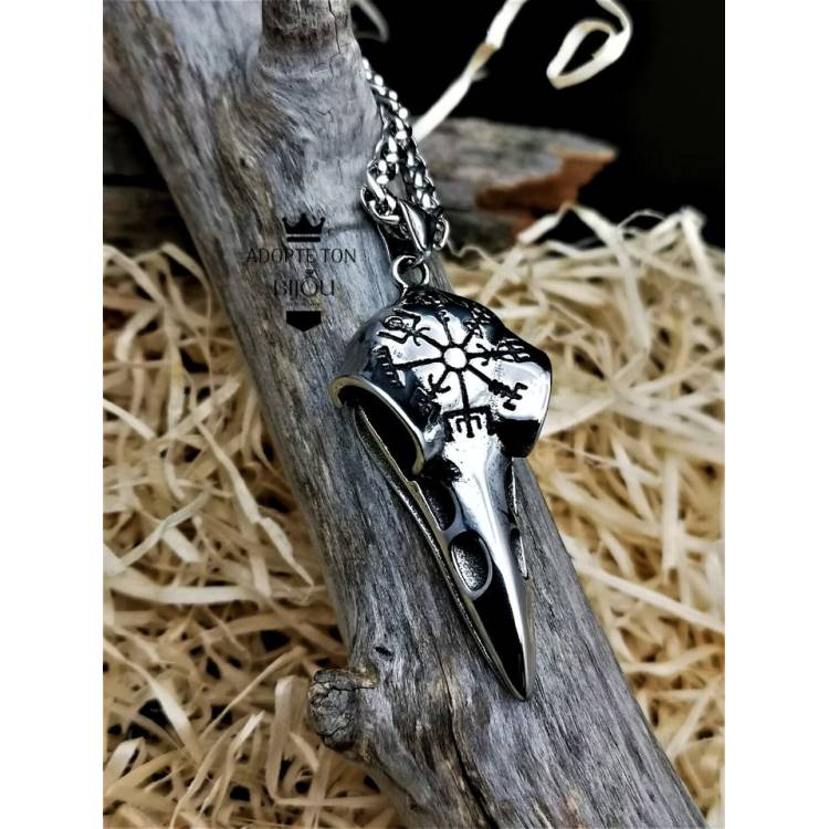 Collier et pendentif viking tête de corbeau en acier inoxydable