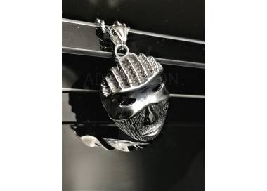 Collier et pendentif masque tribal couleur argent en acier inoxydable