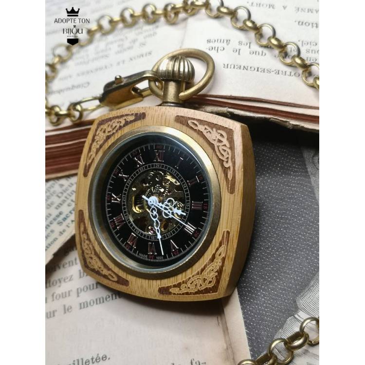 Montre à gousset de poche mécanique carré hêtre