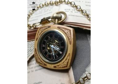 Montre à gousset de poche mécanique carré hêtre