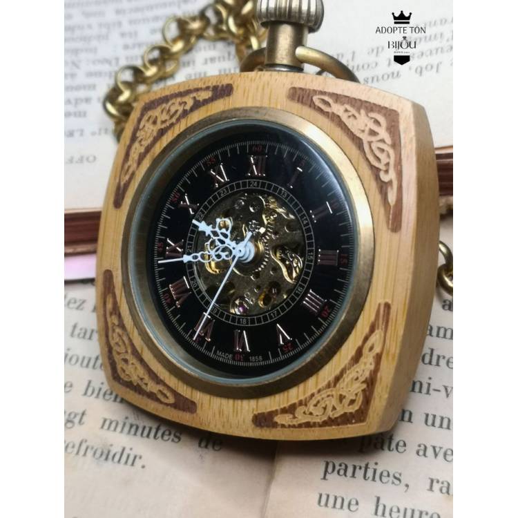 Montre à gousset de poche mécanique carré hêtre