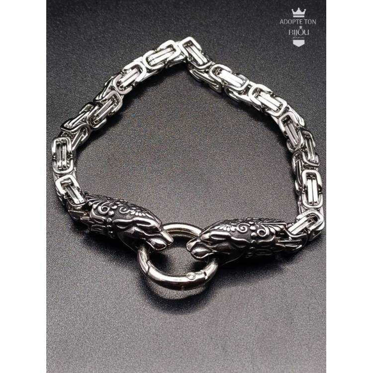 Bracelet viking tête de loup Fenrir en acier inoxydable couleur argent