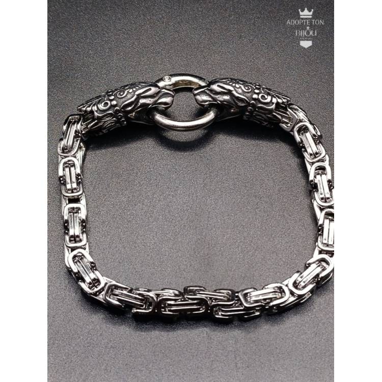 Bracelet viking tête de loup Fenrir en acier inoxydable couleur argent