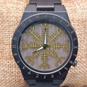 Montre en bois artisanale viking boussole Vegvisir noire boussole