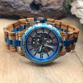 Montre en bois artisanale automatique squelette "Océanique" bijouterie de luxe