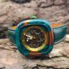 montre en bois en résine carré vu de profil avec bracelet en cuir