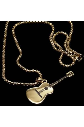 collier guitare acoustique musique dorée avec sa chaine